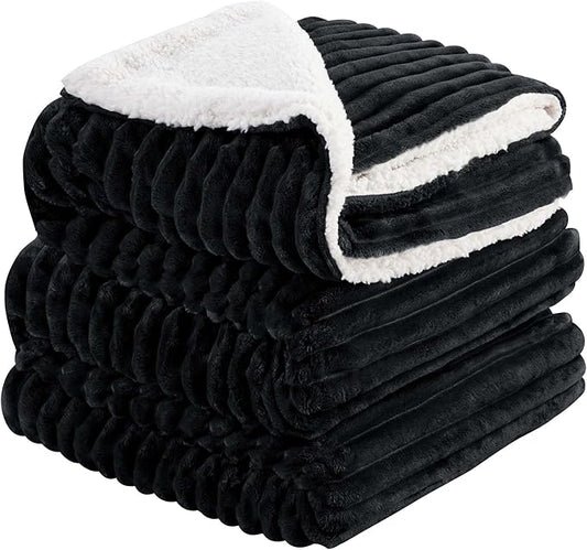 INFIIXSO Sherpa Fleece Queen Size Blanket - Super Soft & Warm Striped Fleece, Cozy Plush Fluffy Large Bed Blanket All Season Use (Black, 90x90 Inches)