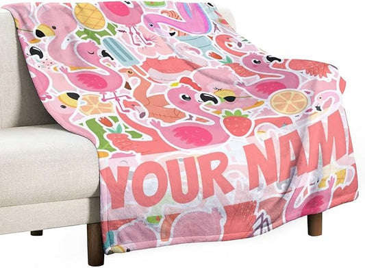 Custom Flamingo Blanket Gifts with Name - 30 x 40 Inches Funny Flamingo Throw for Girls & Women - Pink Soft Fuzzy Plush Blankets for Sofa