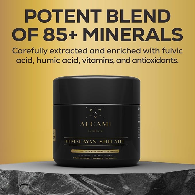 Alcami Pure Himalayan Shilajit Resin - High Potency Gold Grade Shilajit for Men & Women | 100 Servings | 85+ Trace Minerals | 75%+ Fulvic Acid | Lab Tested | 50 Grams | Spoon Included