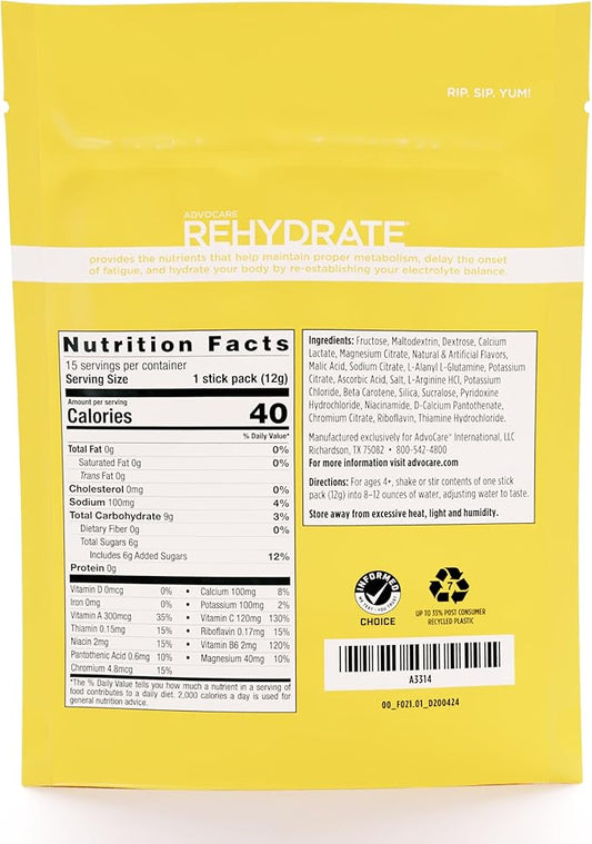 AdvoCare Rehydrate Electrolyte Drink Mix - Hydration & Recovery Drink with Sodium, Potassium & More - Mango Pineapple - 15 Hydration Packets