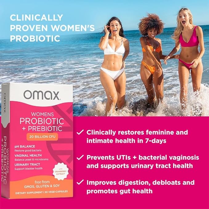 2 Pack Omax Prebiotics & Probiotics Complex for Women, pH Balance, Vaginal Health, Urinary Tract, Yeast, UTI/BV Prevention, Bloating pH 20 Billion CFU | Vegan, Organic, Gluten Free, 60 Vege-Capsules