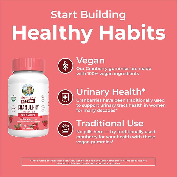 MaryRuth Organics Organic Cranberry Gummies - 500mg Supplement | Urinary Tract Health for Women | with D Mannose | Traditional Use | USDA Organic | Vegan | Non GMO | 30 Servings