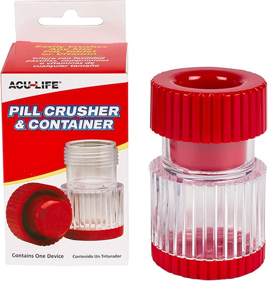 Pill Crusher and Grinder, Daily Usage, Safely Crushes Pills, Vitamins, Tablets, Accurate and Easy to Use, Includes Storage Container, Transparent/Red, BPA Free