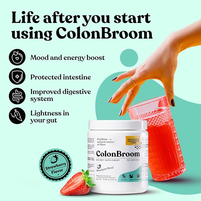 ColonBroom Psyllium Husk Powders (Strawberry, 150 Servings) - Colon Cleanse for Bloating Relief & Gut Health - Colon Broom Fiber Powder Drink - Vegan, Gluten Free, Non-GMO Fiber Powder Supplement