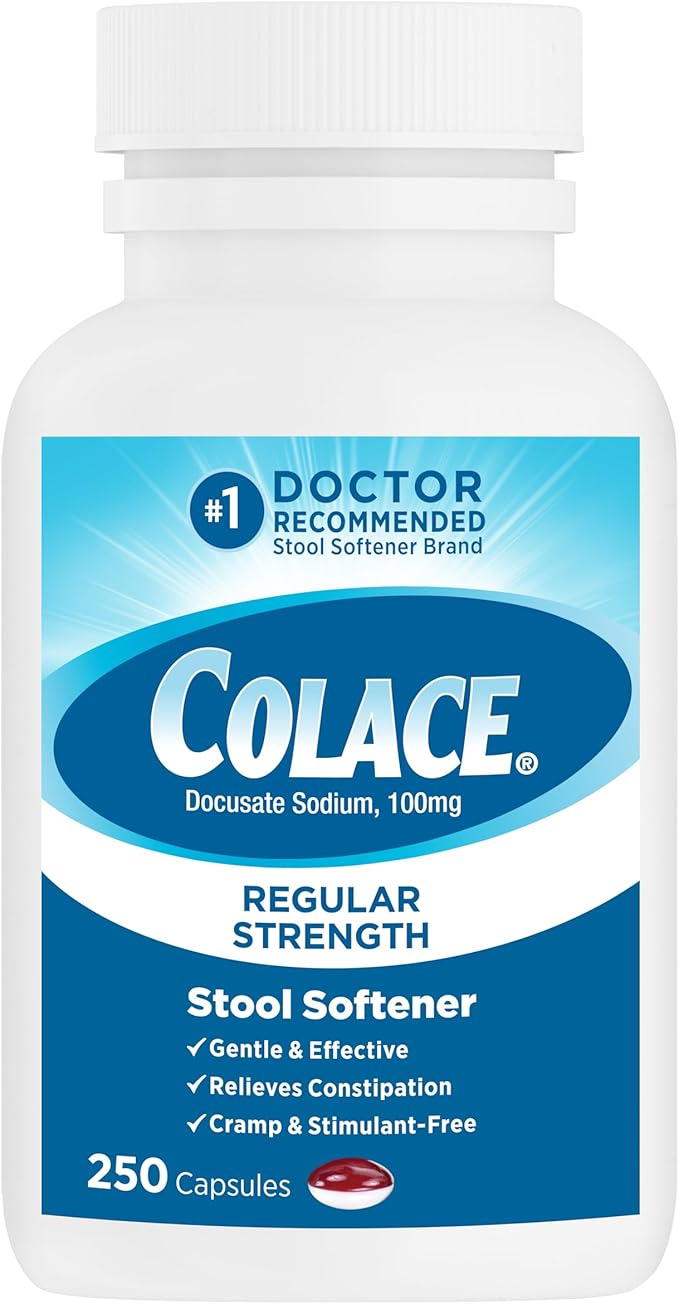 Colace Regular Strength Stool Softener, 100 mg Capsules, 250 Count, Docusate Sodium Stool Softener for Gentle, Dependable Relief