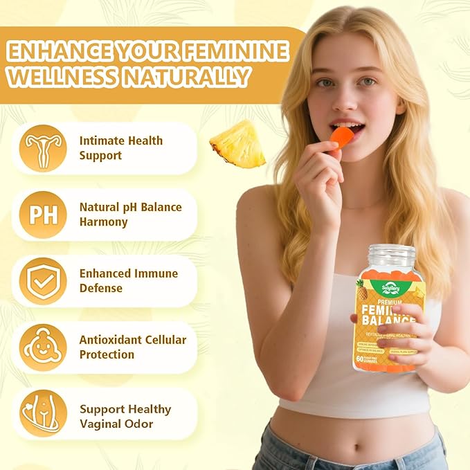 Feminine Balance Gummies for Women - Probiotics Vaginal Health & Women's pH Balance Gummy Supplement with Cranberry Pineapple Powder, Sugar Free Gluten Free Vegan, 60 Count