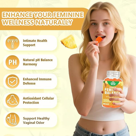 Feminine Balance Gummies for Women - Probiotics Vaginal Health & Women's pH Balance Gummy Supplement with Cranberry Pineapple Powder, Sugar Free Gluten Free Vegan, 60 Count