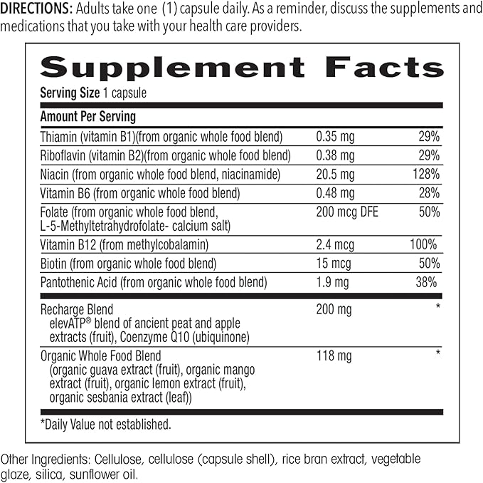Country Life Cellular Recharge B-Vitamin, Whole Food Methylated B-Complex + elevATP for Cellular Energy, Detox & Cardio Support, 30 Vegan Capsules, Certified Gluten-Free, Vegan, Kosher