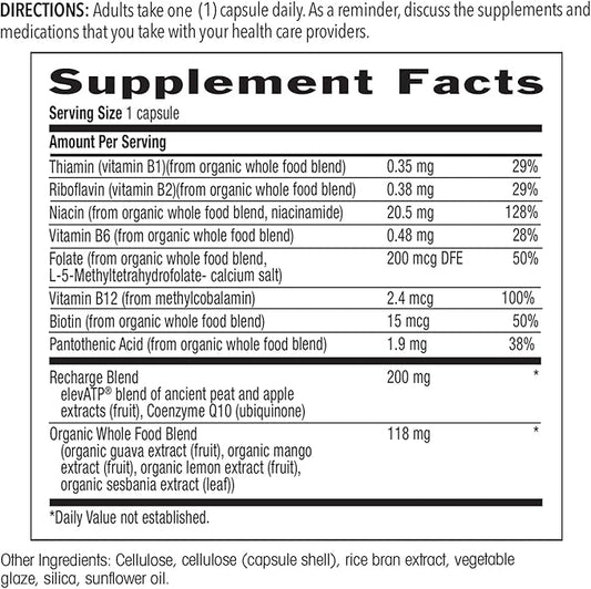 Country Life Cellular Recharge B-Vitamin, Whole Food Methylated B-Complex + elevATP for Cellular Energy, Detox & Cardio Support, 30 Vegan Capsules, Certified Gluten-Free, Vegan, Kosher