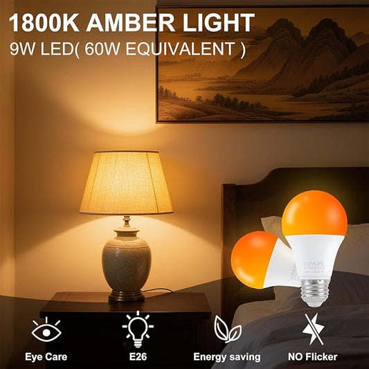 KINUR LED Amber Light Bulbs, A19 9W(60W Equivalent) 1800K E26 A19 Amber Soft Light Bulbs Warm Light for Bedroom, Healthy Sleep, Baby Nursery Light, Turtle Friendly Light 4 Pack