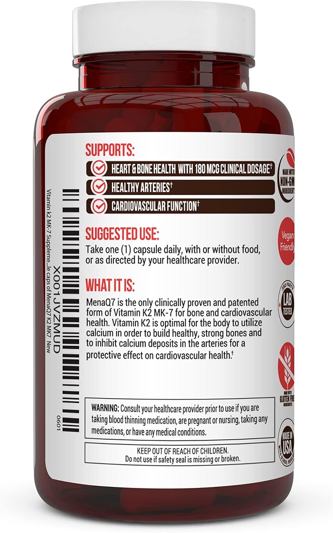 Vitamin k2 MK-7 Supplement 180mcg -Vitamin K2 Supports Bone & Heart Health for Cardiovascular Calcium Absorption from Arteries- 60 Easy to Swallow Vegetable caps of MenaQ7 K2 MK7