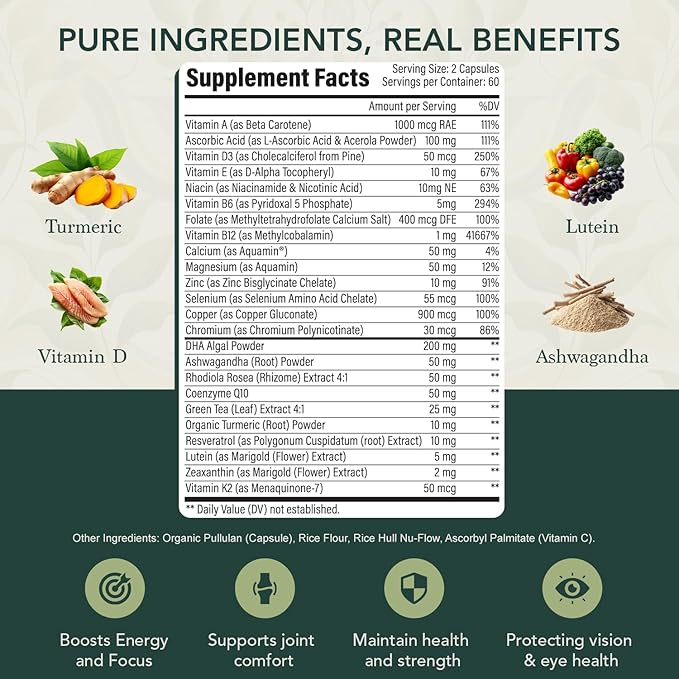 Multivitamin for Men & Women I Organic Mens & Womens Multivitamin with Iron, MethyFolate, Vitamin D3, B12, Magnesium, Zinc & More I Multi Vitamins and Supplements for Immune, Heart & Energy (120 Cap)