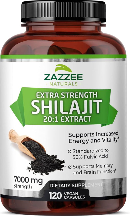 Zazzee 100% Pure Himalayan Shilajit 20:1 Extract, 7000 mg Strength per Capsule, 50% Fulvic Acid, 120 Servings per Bottle, 20X Potency, Rich in Trace Minerals, Non-GMO, Vegan, Made in The USA