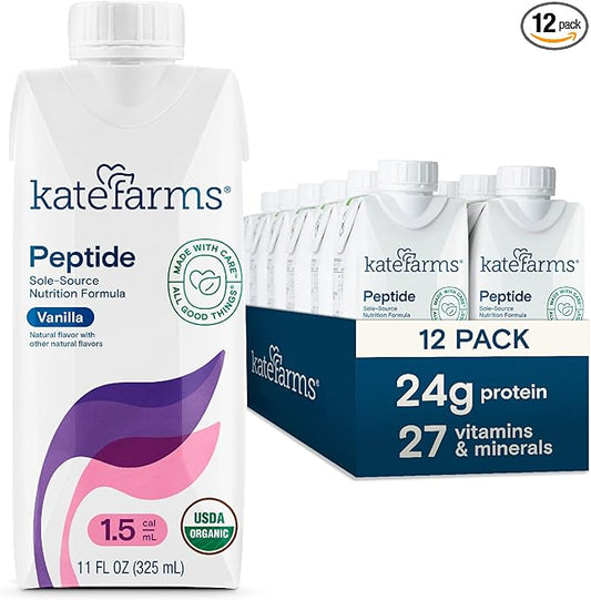 KATE FARMS Organic Adult Peptide 1.5 Formula, Vanilla, Sole-Source, Hydrolyzed Plant-Based Nutrition for Oral or Tube Feeding, 11 Fl oz (12 Pack)
