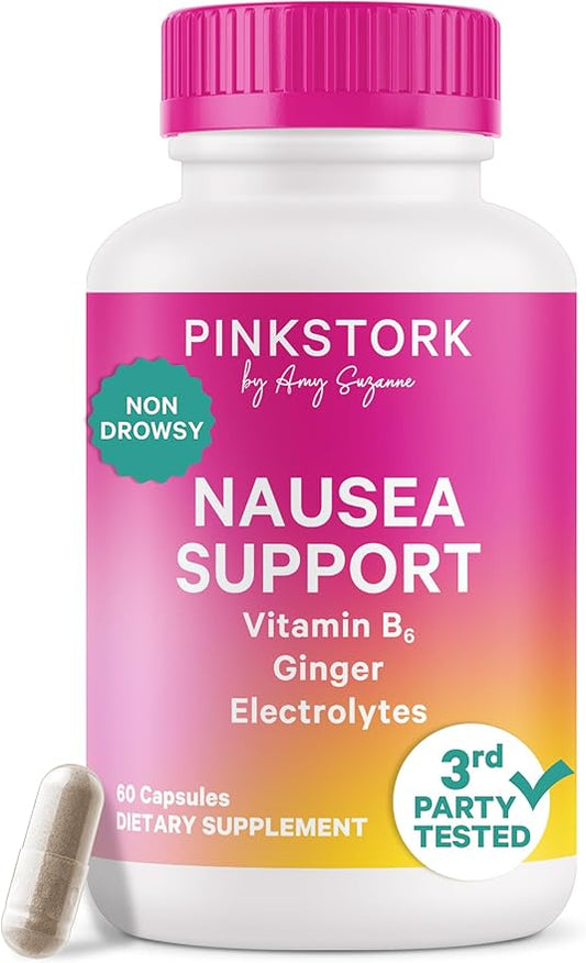 Pink Stork Vitamin B6, Ginger, Electrolyte Capsule - GLP1 Support - Natural Digestive Support with Peppermint, Potassium, Magnesium - Gentle on The Stomach - Motion Sickness Must Haves - 60ct