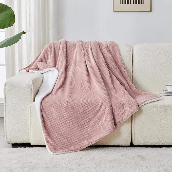 SOCHOW Waffle Sherpa Fleece Throw Blanket, Super Soft Fuzzy Warm, Lightweight Fluffy Reversible Plush Blanket for Bed Sofa Couch, 50 x 60 Inches Dusty Pink