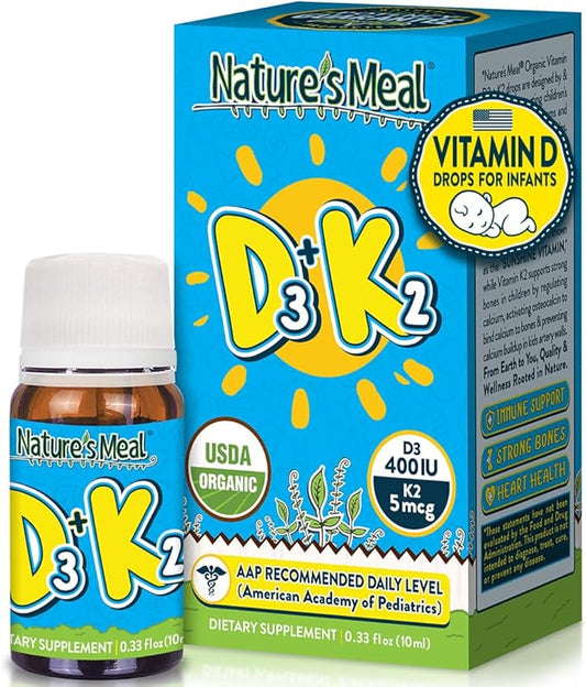 Nature's Meal Vitamin D3 + K2 Drops MK-7 5 mcg, Liquid Vitamin D Drops for Infants 400 IU, Healthy Bones, Heart & Immune System, Sugar Free Supplement for Infants/Baby & Toddlers, 180 Servings