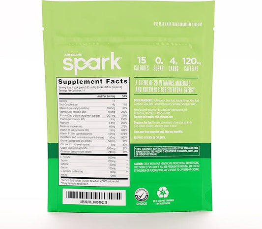 AdvoCare Spark Vitamin & Amino Acid Supplement - Focus & Energy Drink Powder Mix with Vitamin A, B-6, C & E - Also Includes L-Carnitine & L-Tyrosine - Limeade, 14 Stick Packs