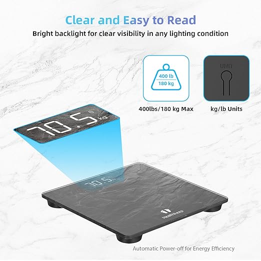Digital Bathroom Scale, High Precision, with Step-On Technology, LED Display, Slim Design, Max. 180 kg/400 lb, Marbled Gray