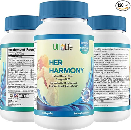 Her Harmony Menopause Supplements for Women - Hot Flashes Menopause Relief & Hormone Balance for Women - Contains Black Cohosh, Dong Quai, Red Clover & More - Estrogen Free - 120 Capsules