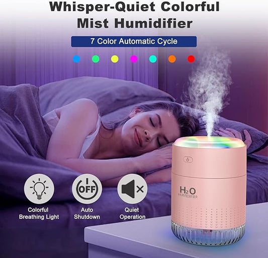 Rechargeable Mini Cool Mist Humidifier With 7 Color Light, Small Personal Desktop for Baby Bedroom, Office, Nursery, Travel With Auto Shut-Off, Super Quiet (Pink)
