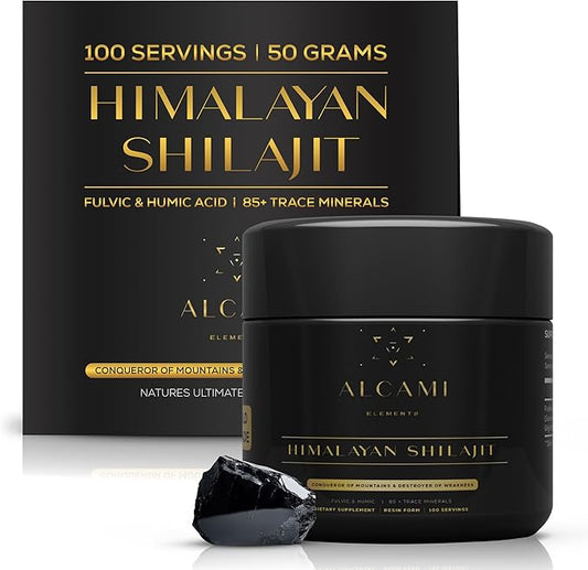 Alcami Pure Himalayan Shilajit Resin - High Potency Gold Grade Shilajit for Men & Women | 100 Servings | 85+ Trace Minerals | 75%+ Fulvic Acid | Lab Tested | 50 Grams | Spoon Included
