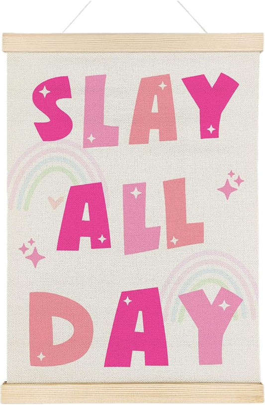 Nrleey Funny Slay All Day Wall Decor with Wooden Poster Hanger - Girly Room Decor Aesthetic, Trendy Pink Preppy Wall Art Posters for Girls Room Dorm Bedroom Apartment, 12x16 Inch