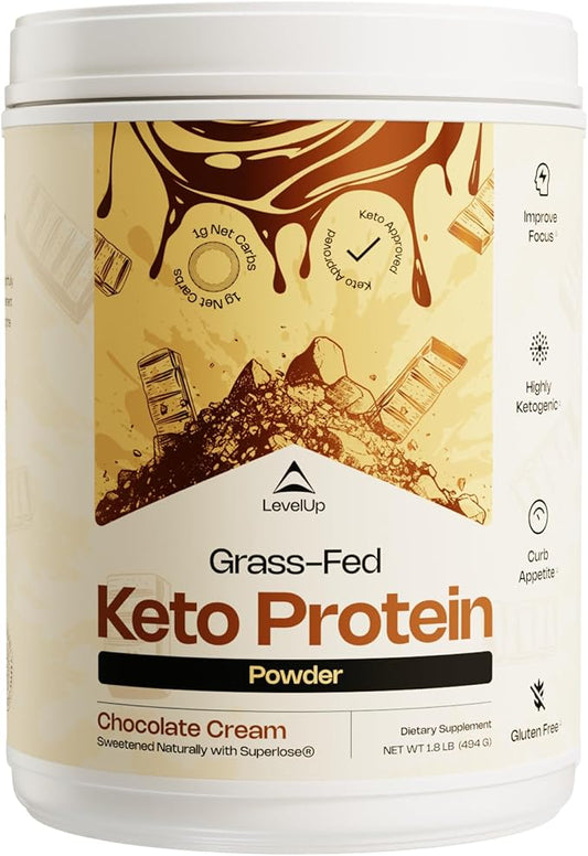 LevelUp 𝗪𝗜𝗡𝗡𝗘𝗥 - 𝗕𝗘𝗦𝗧 𝗞𝗘𝗧𝗢 𝗣𝗥𝗢𝗧𝗘𝗜𝗡 Grass-fed Collagen Protein Powder, C8 MCT Oil, Whey Protein Isolate, Irish Butter, Ketogenic Protein Shake Supplement (Chocolate Cream)