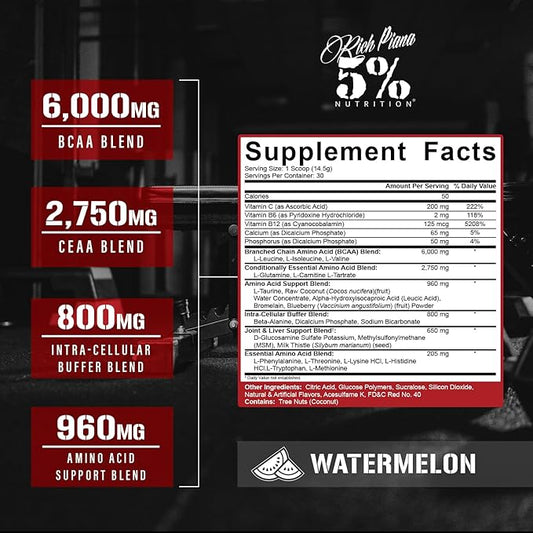 5% Nutrition Rich Piana AllDayYouMay BCAA Powder | Premium Intra & Post Workout Amino Acids, Hydration, Endurance, Muscle Recovery, Joint & Liver Support | 15.3 oz, 30 Servings (Watermelon)