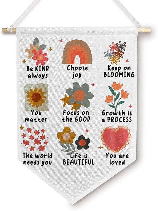 BlissfulAbon Boho Floral Mental Health Wall Canvas Banner, Girly Room Decor, Positive Affirmations Wall Hanging Decor Pennant Flags for Girls Bedroom Home Apartment, 11×15 Inch