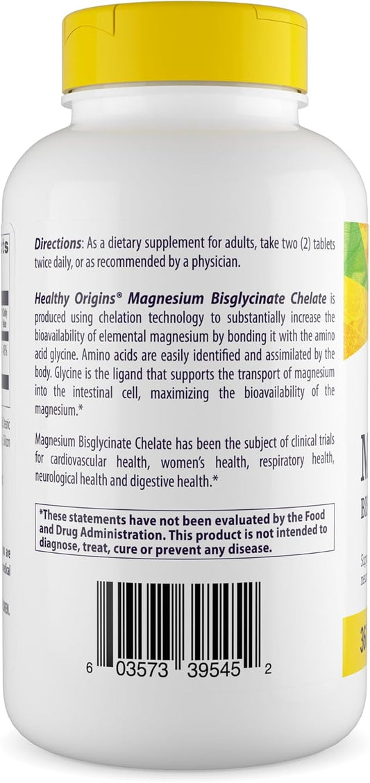 Healthy Origins Magnesium Bisglycinate Chelate (Non-GMO, Gluten Free, Cardiovascular Support, Bone Support, Neurological Support, Vegan), 360 Tablets