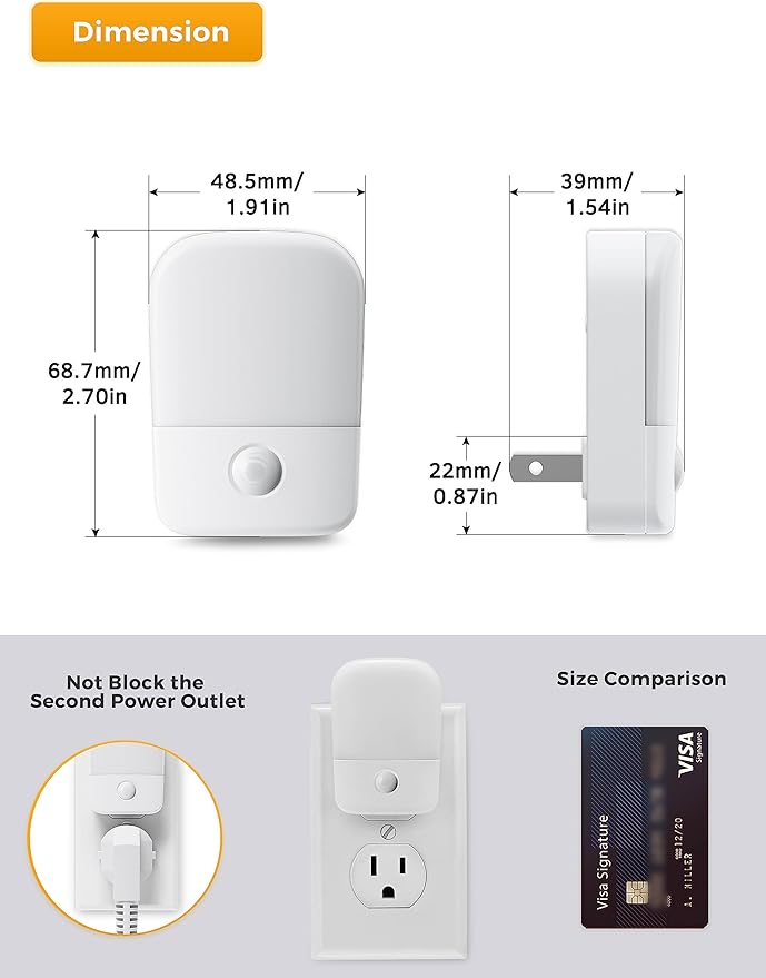 LOHAS Amber Night Light, LED Night Light Plug into Wall with Light Sensor, Diffused Light, Energy Efficient, Sleep Aid No Blue Light for Nursery, Bedroom, Hallway, Stairs, Kids Room, 2 Pack