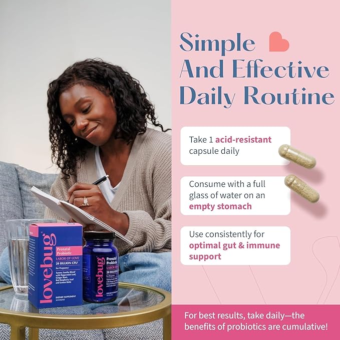 lovebug PROBIOTICS FSA HSA Prenatal Probiotic 20 Billion CFU Tummy Soothe Blend with Peppermint,Ginger Root,Red Raspberry Leaf & Lemon Balm 60 Count