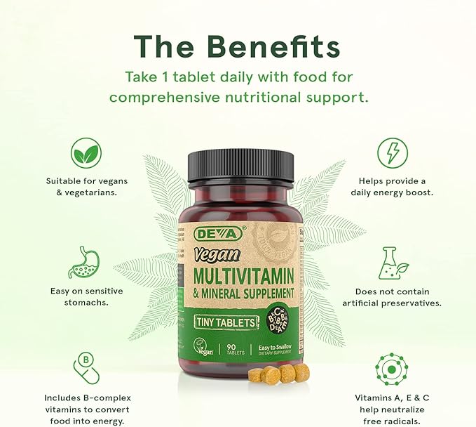 DEVA Tiny Tablets Vegan Multivitamin for Women & Men 2-Pack with Iron, Vitamin C, E, B Complex Vitamins, Zinc, 90 Tablets Each