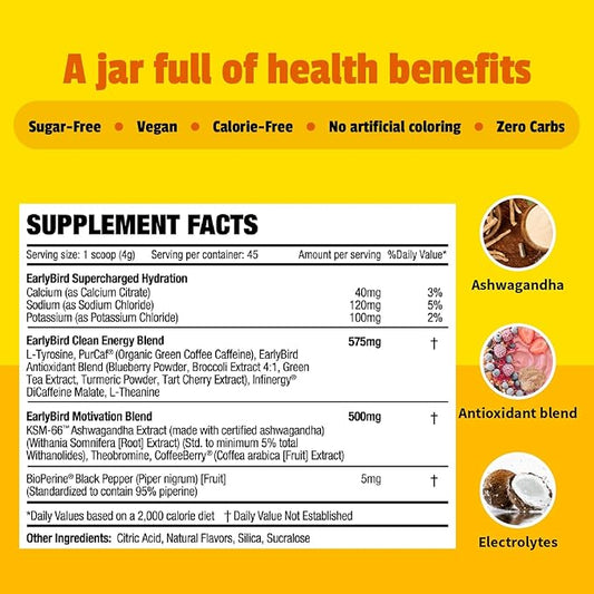 EarlyBird Morning Cocktail - Pineapple Mimosa 45 Servings - Clean Energy Drink (Natural Caffeine), Increased Motivation (Nootropics), Supercharged Hydration (Electrolytes) - Wake Up Early Drink w/