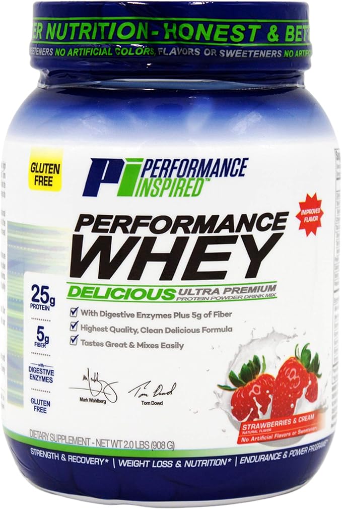 Performance Inspired Nutrition WHEY Protein Powder - All Natural - 25G - Contains BCAAs - Digestive Enzymes - Fiber Packed - Strawberries & Cream - 2lb