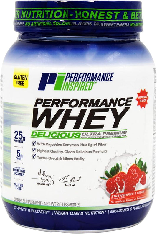 Performance Inspired Nutrition WHEY Protein Powder - All Natural - 25G - Contains BCAAs - Digestive Enzymes - Fiber Packed - Strawberries & Cream - 2lb