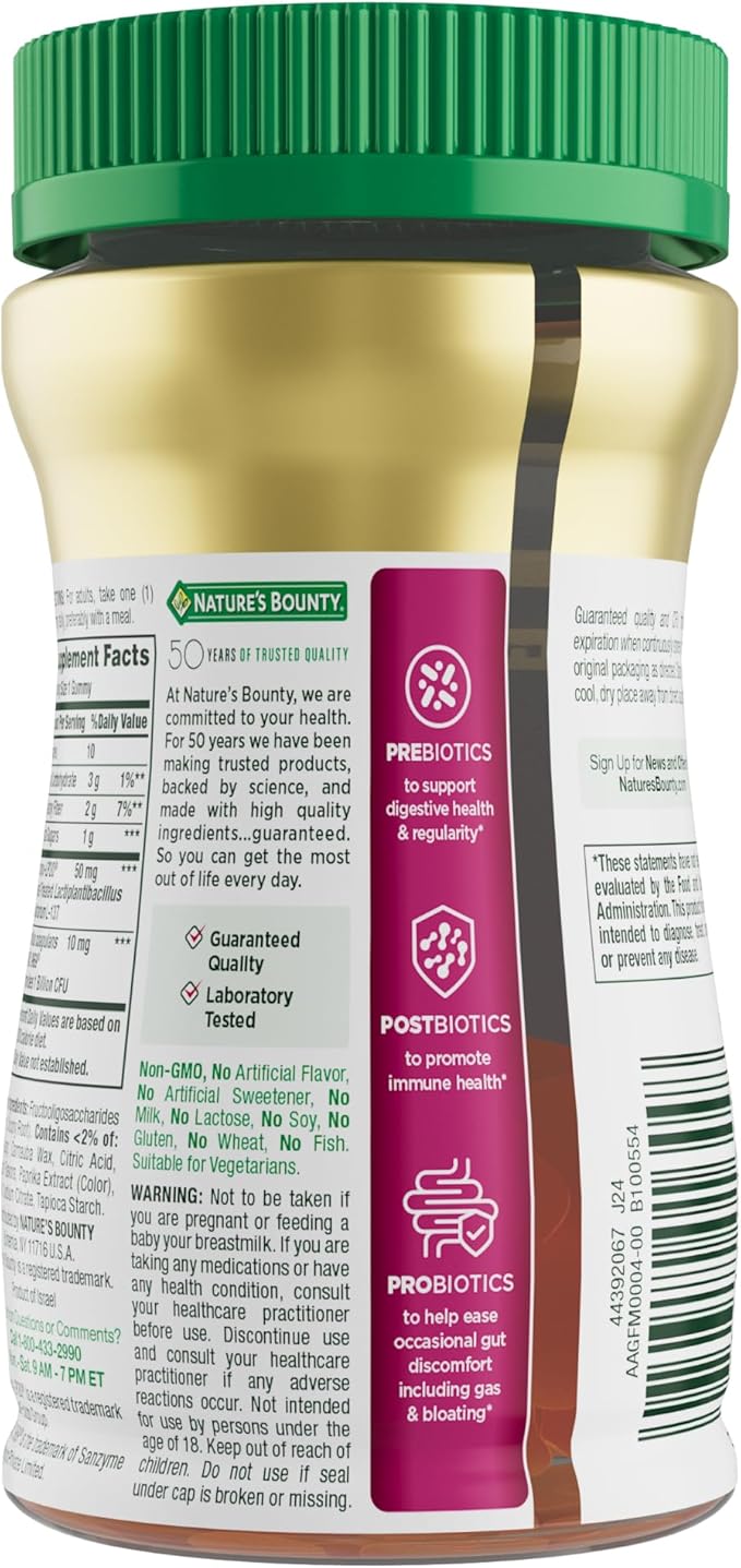 Nature's Bounty Pre + Pro + Postbiotic Gummies for Digestive Health, Immune Support - Probiotic Gummies for Gut Health, Tropical Mango Flavor, 30 Ct