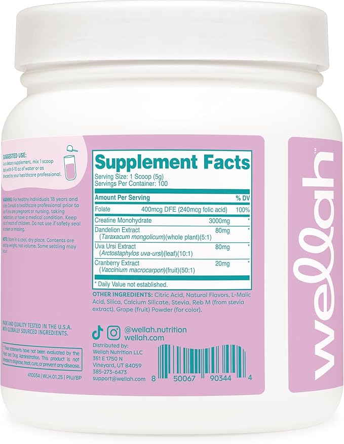 Wellah Pump-It-Up Creatine (100 Servings, Blueberry Pomegranate) - Creatine Monohydrate with Dandelion, Uva Ursi, & Cranberry Extract