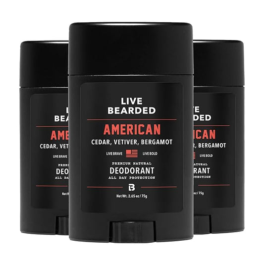 Live Bearded Men's Deodorant - Long Lasting, Aluminum Free, All Natural, Activated Charcoal Deodorant for Men, Travel Size - American, 3 Stick