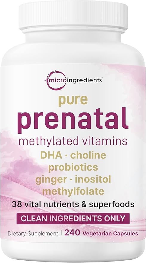 Pure Methylated Prenatal Vitamins for Women, 240 Veggie Capsules | 38 Vital Nutrients with DHA, Choline, Probiotics, Ginger, Inositol, & Vitamin A, C, D, B Complex + Methylfolate, & Iron | No Fillers