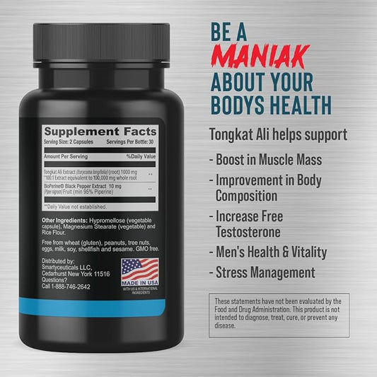 Longjack Tongkat Ali Capsules for Men, Root Extract & Turkesterone, Herbal Supplement for Men's Health & Muscle Growth, Dietary, High Potency 100:1 Extract 1000mg Per Serving, 60 Capsules