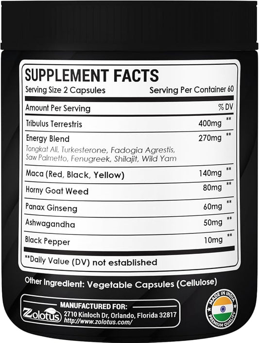 Zolotus 13in1 Tribulus Terrestris Capsules with Maca, Horny Goat Weed, Panax Ginseng, Saw Palmetto, Tongkat Ali, Shilajit & More - Energy, Stamina Supplement for Men & Women - 120 Counts