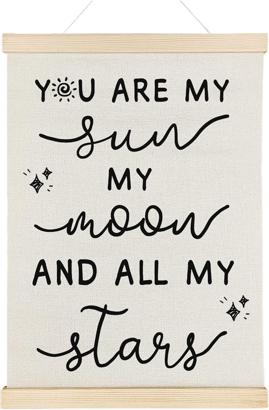 Nrleey Nursery Wall Decor with Wooden Poster Hanger - Baby Room Decor, You Are My Sun Moon And All My Stars Wall Art Posters for Kids Room Nursery Playroom, 12x16 Inch