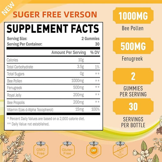 Bee Pollen 1000mg Sugar Free Gummies, w/Fenugreek, Royal Jelly, Propolis, Organic Bee Pollen Supplement for Women, Rich in Vitamin E, Strengthen Immunity & Skin Care 120 Counts