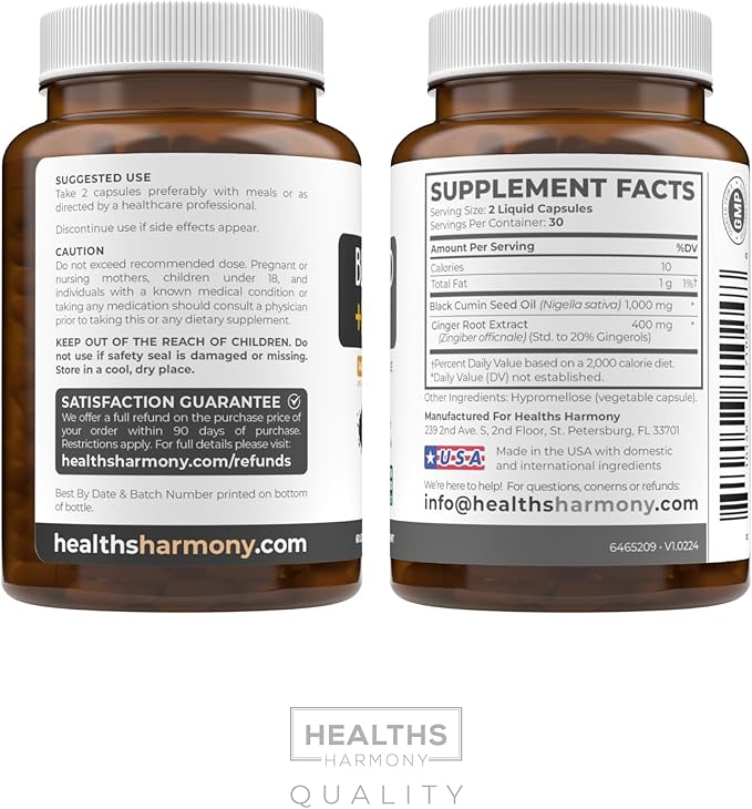 Cold-Pressed Black Seed Oil Capsules - Vegan Non-GMO Nigella Sativa Black Seed Oil Supplement with Ginger Extract for Wellness & Digestive Health Support - Gingerol & Thymoquinone-Rich (1 Month)