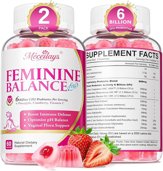 Feminine Balance Gummies for Women, Premium Ph Balance Gummies with Probiotic for Vaginal Flora Balance, Immune Support Supplement, Gluten-Free, Strawberry Flavor with Liquid Filled, 120 Count