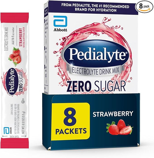 Pedialyte Electrolyte Drink Mix With Zero Sugar | Hydration With Key Electrolytes | Great Hydration Low in Calories | Strawberry, 8 Powder Packets