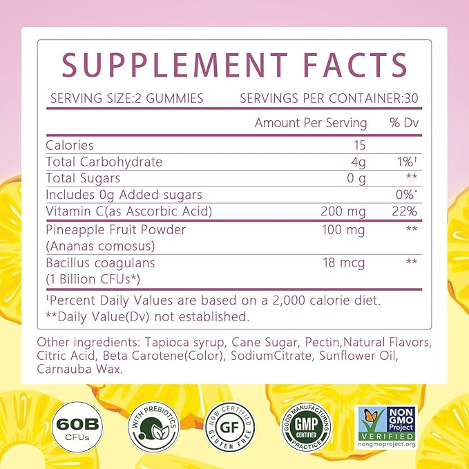 Premium Feminine Balance Gummies-pH Balance with Prebiotics & Lactobacillus Probiotic Blend&Hawaiian Pineapple Immune Support, Vegan, 60 Gummies (30)