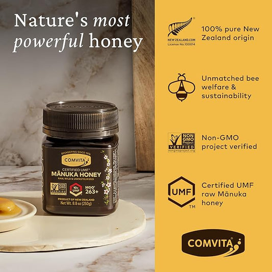 Comvita Manuka Honey UMF 10+ (MGO 263+) - Raw Manuka Honey New Zealand, Pure & Unpasteurized, Superfood for Immune Health, Use in Tea, Wild, Monofloral, Non-GMO - 250g (8.8 oz)